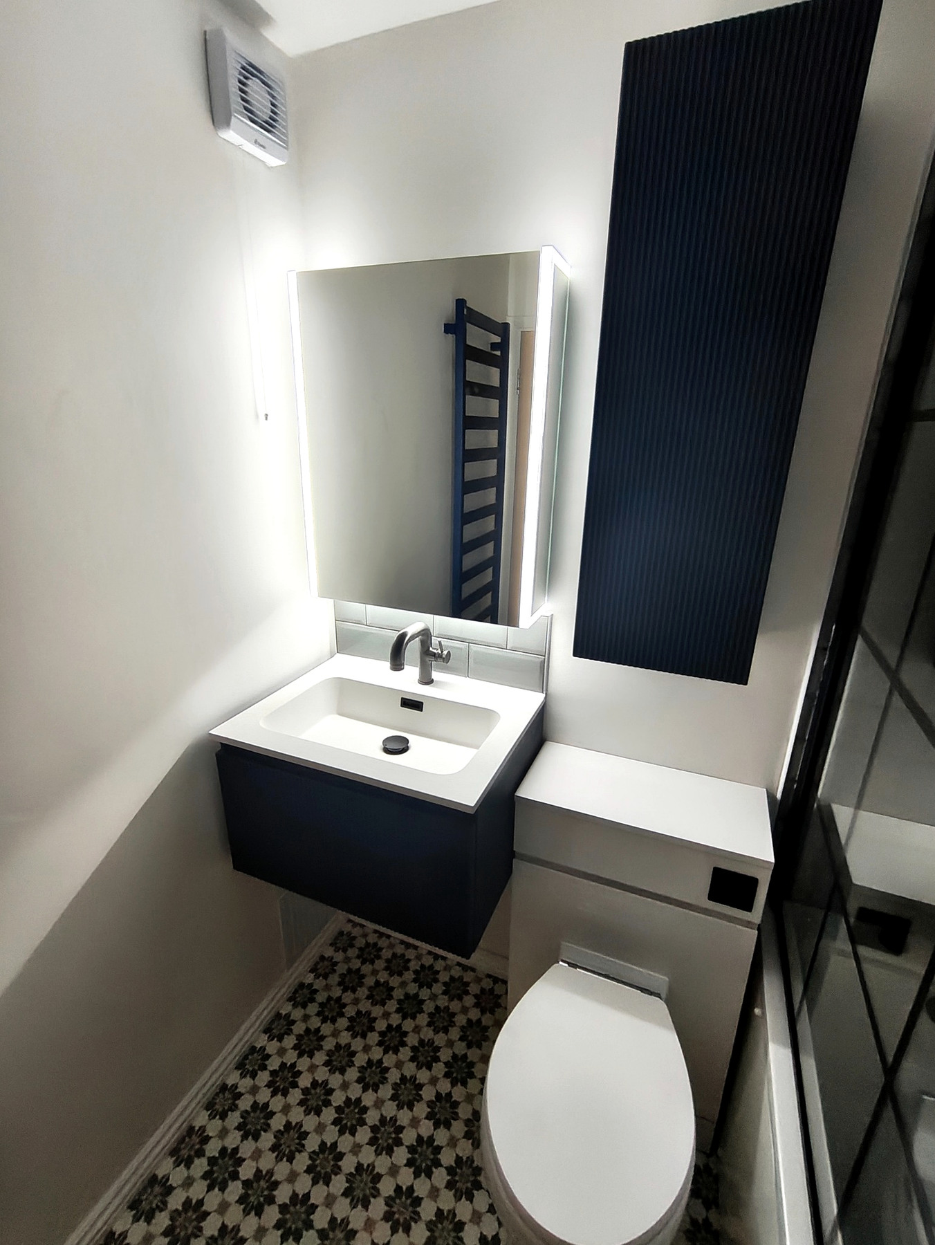 Close-up detail of the vanity unit, basin and WC installation