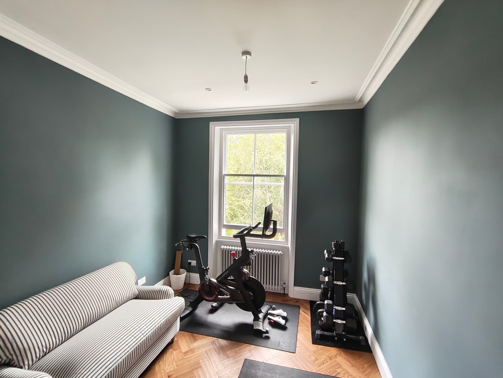 Home gym room painted dark green with restored sash window and column radiator