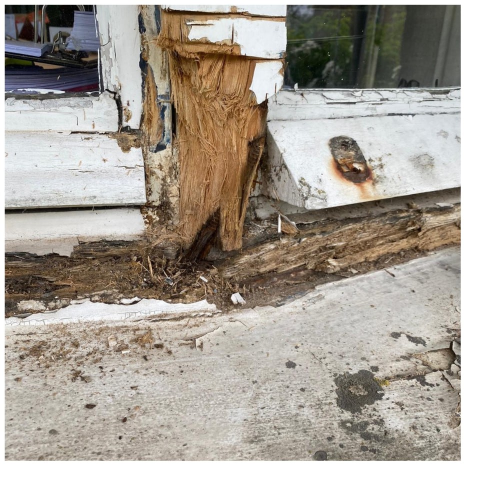Split sash window mullion with crumbling timber before repair