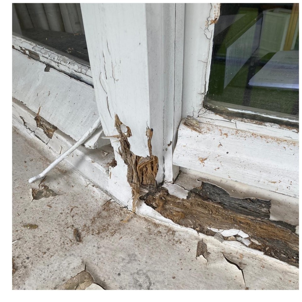 Decayed sash window sill with exposed rot before repair